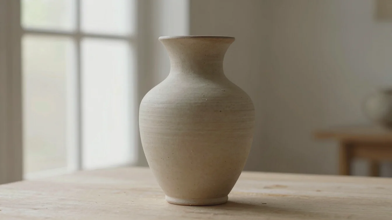 Studio photograph of a single stoneware vessel, straight profile view, soft window light, neutral earth-toned background