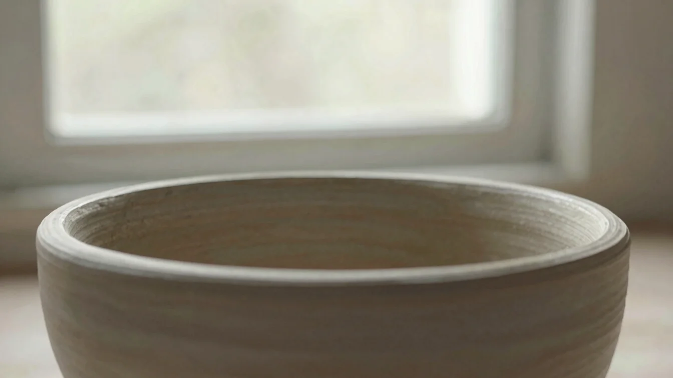 Close-up detail of a stoneware vessel rim, soft natural window light, muted clay tones, shallow depth of field