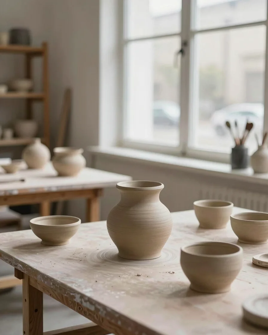 Editorial studio interior detail: a pottery worktable with a few unglazed clay vessels, soft window daylight, quiet and