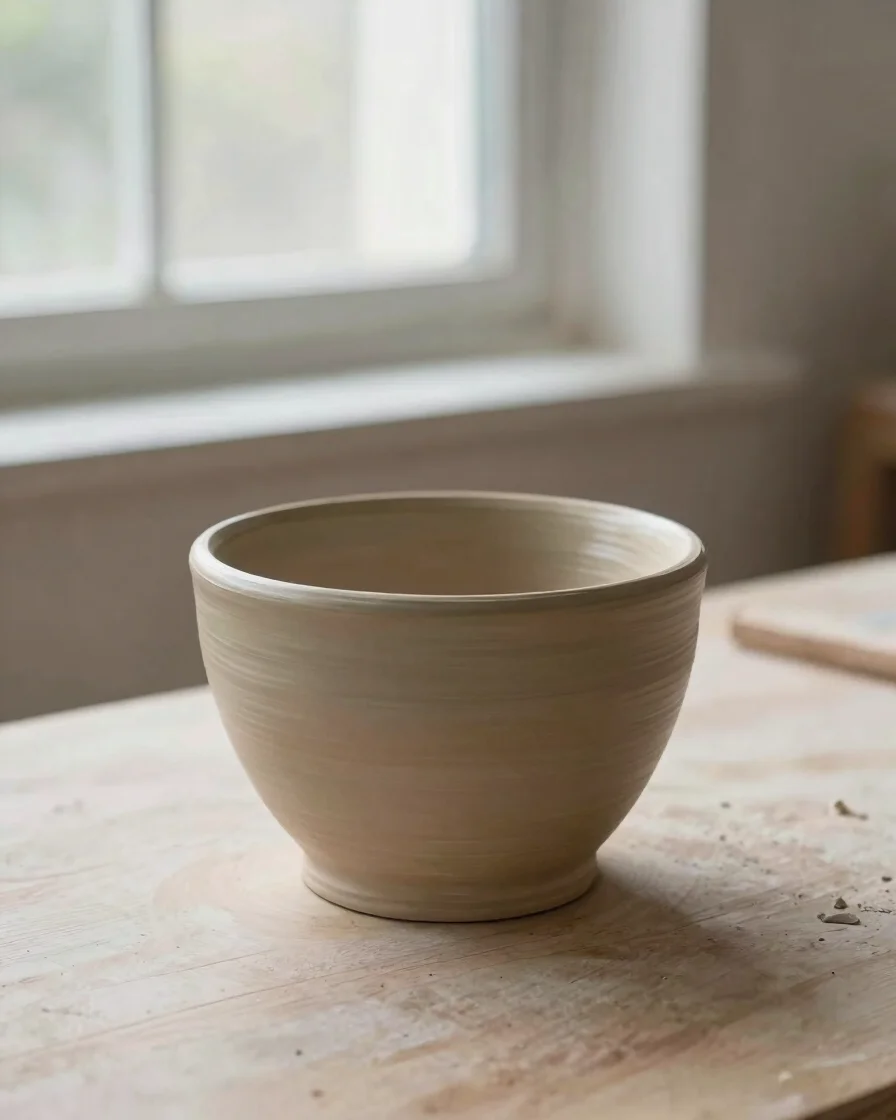 Close editorial studio photograph of unglazed clay rim and vessel footing on a plain wooden board, soft window daylight,