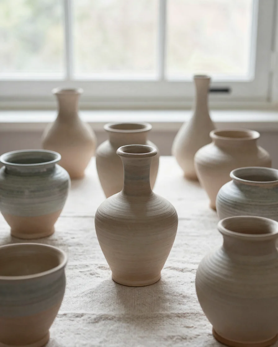 Editorial pottery photograph: a small group of stoneware vessels on a pale linen surface under soft window daylight, cle